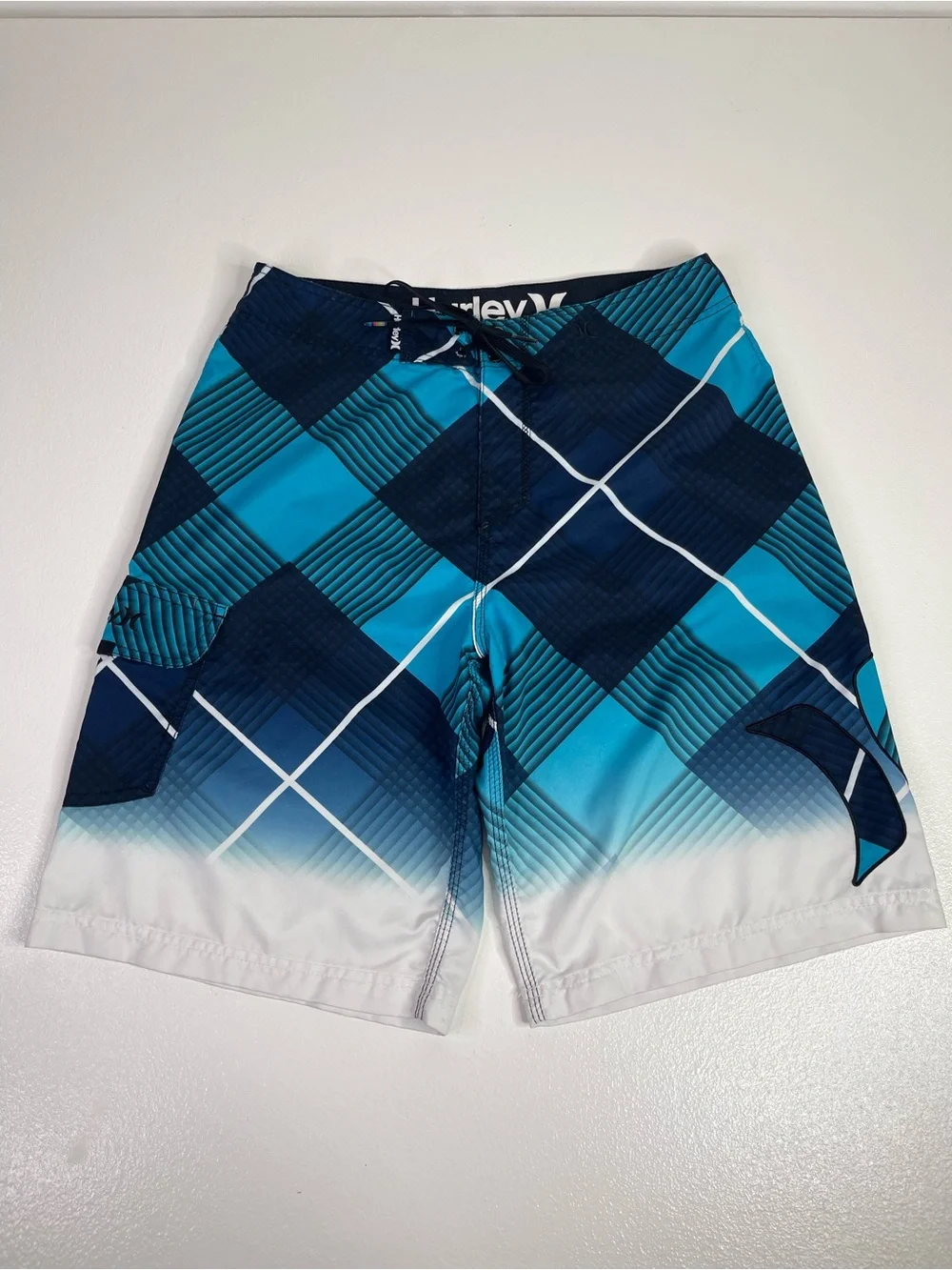 Hurley Men's Boardshorts Size 31 Plaid Gradient Dip Dye Swim Trunks Teal Blue